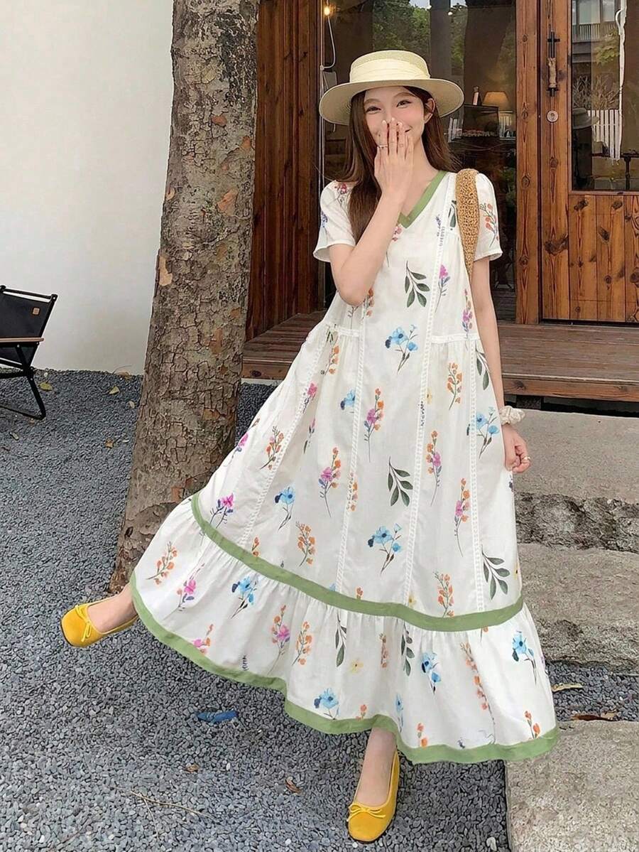 DAZY 女款圓領韓風全印花寬鬆休閒中長洋裝,春夏度假穿搭 - 彩色 - 查看 1