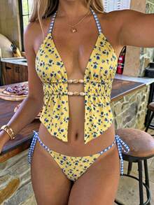 Swim Vcay Conjunto de Maiô Feminino de Duas Peças, Top de Banho Floral Sexy e Moderno com Contas e Costas Abertas, Calcinha de Maiô Bikini Triangular com Amarração Lateral, Novo Estilo Primavera/Verão - Multicolorido - Visão 1