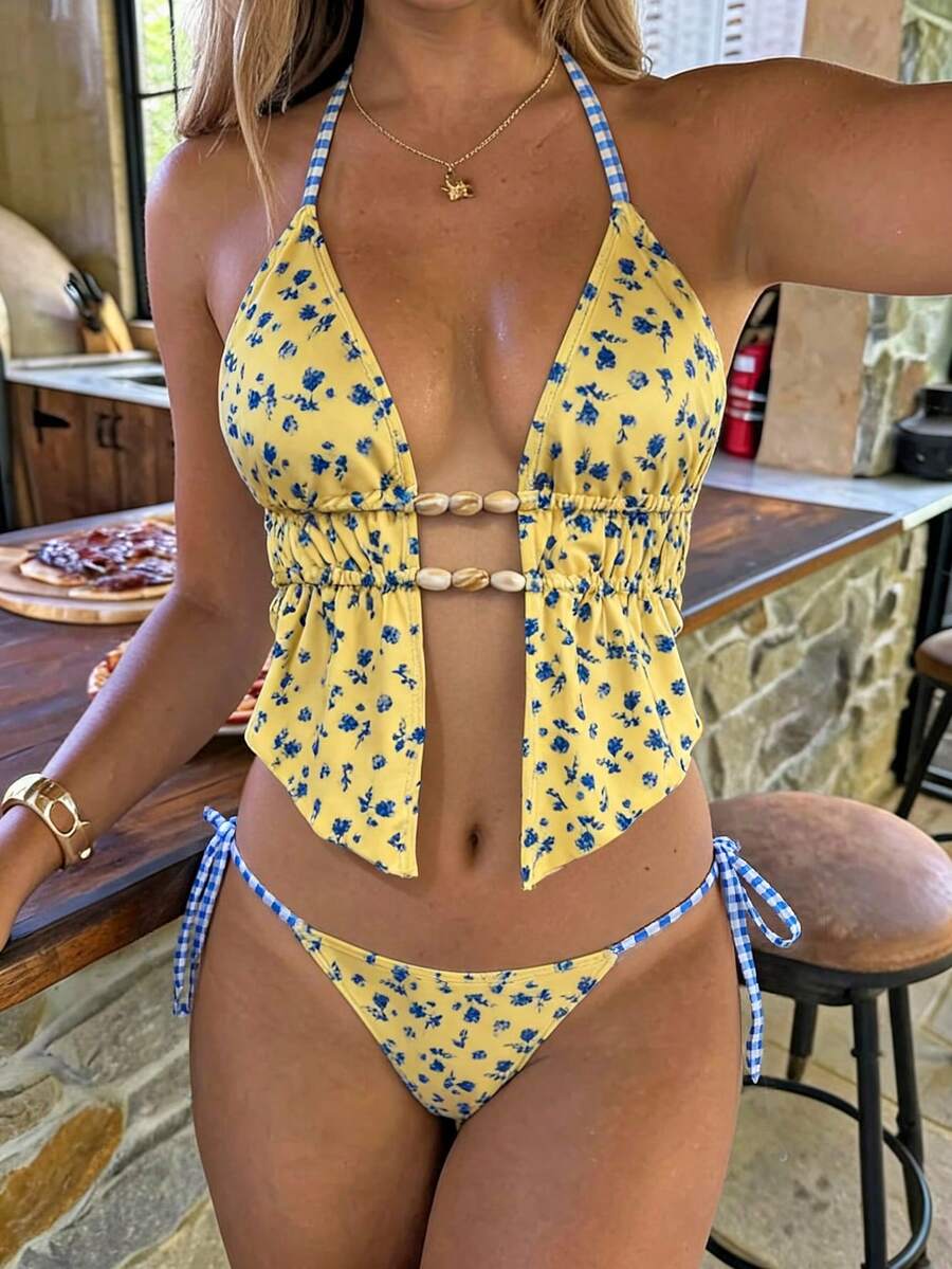 Swim Vcay Conjunto de Maiô Feminino de Duas Peças, Top de Banho Floral Sexy e Moderno com Contas e Costas Abertas, Calcinha de Maiô Bikini Triangular com Amarração Lateral, Novo Estilo Primavera/Verão - Multicolorido - Visão 1