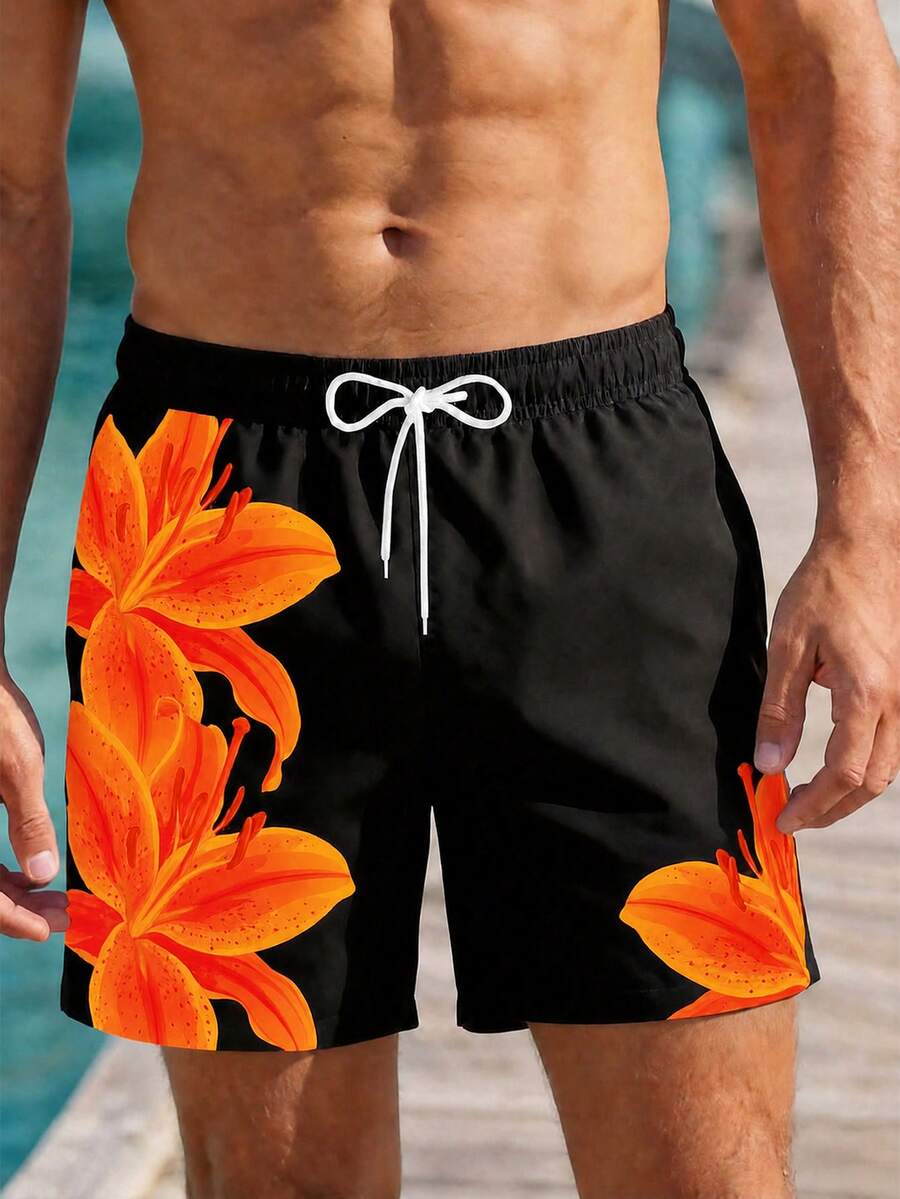 VIVINTIMO Pantalones cortos de playa con cordón y estampado floral para hombre, vacaciones - Naranja - Ver 1