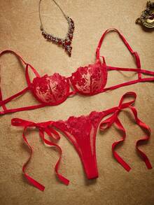 PinupPomp 2pcs Sky Blue Embroidered Lace-Up Lingerie Set For Women - Red - View 3