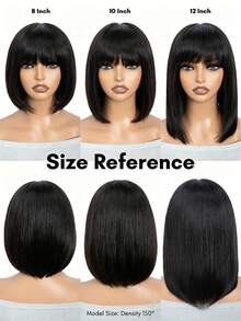 Wig Bob dengan Poni, Rambut Manusia, Tanpa Lem, Wig Bob Pendek untuk Wanita, Wig Renda 2x1 Buatan Mesin yang Ditingkatkan, Belahan Tengah - Natural Black - View 3
