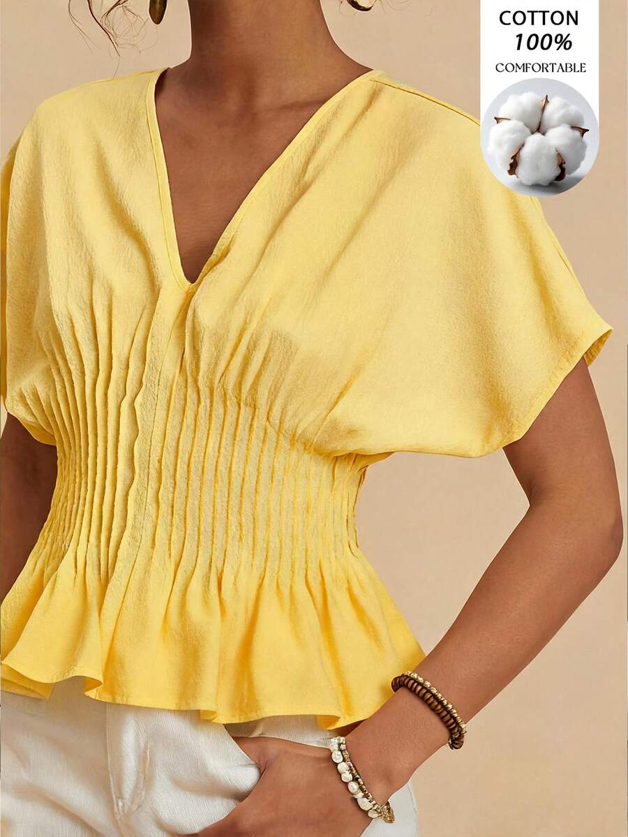 Travachic Women's Solid Color Pleated Batwing Sleeve Top Summer Holiday Outfits Office Outfits For Women -Cotton Material - Pale Yellow - View 1