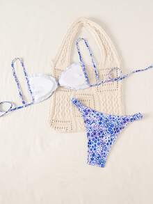 Swim Mod 春夏波點印花比基尼女款海灘度假泳衣 性感雙肩帶泳裝 - 藍色 - 查看 2