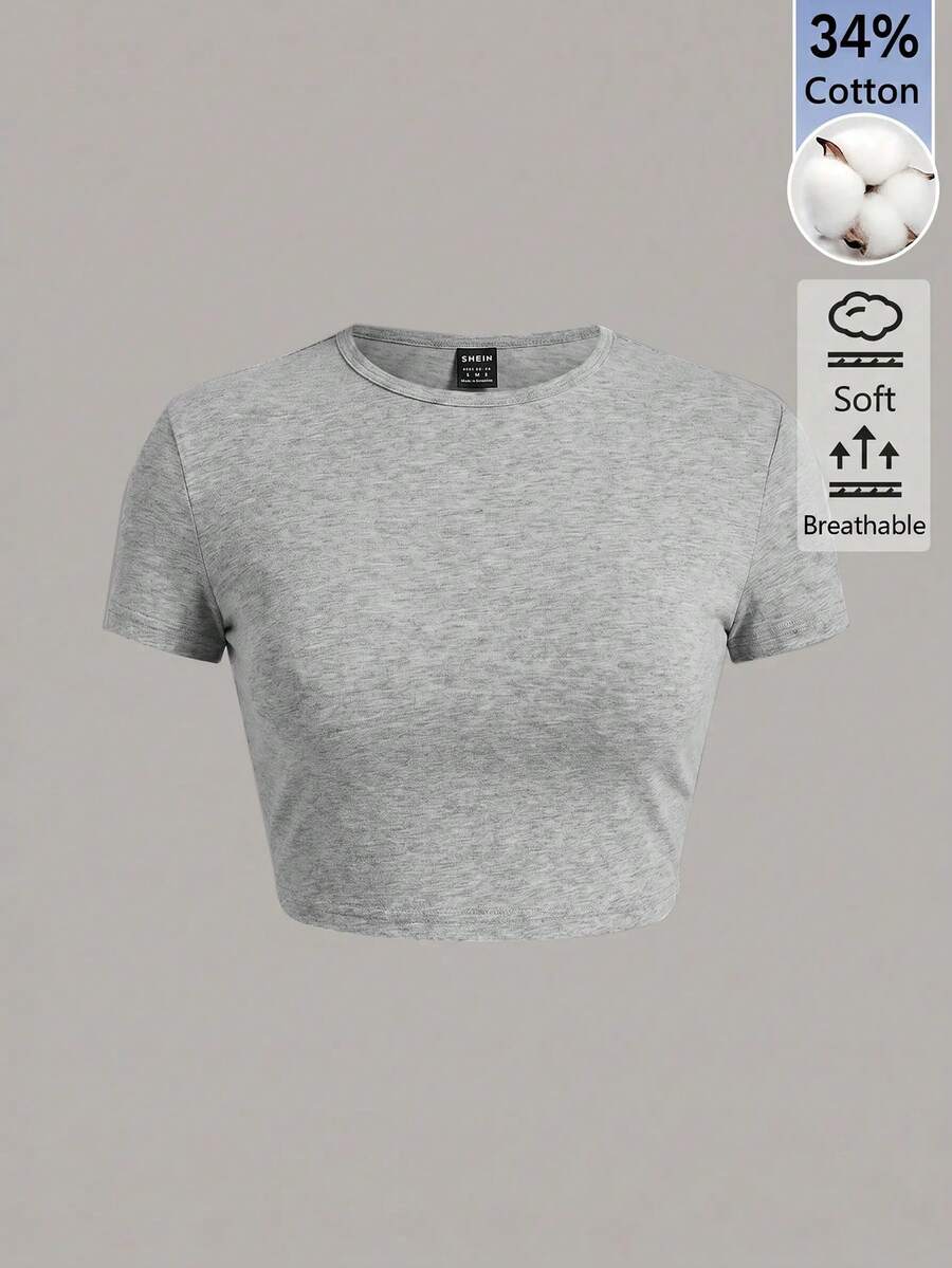 SHEIN BASICS 女款純色修身短版圓領T恤上衣 淺灰色 短版上衣 適合校園日常 夏季休閒 基本款 健身 - 淺灰色 - 查看 1