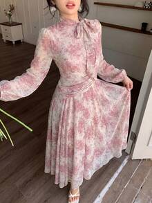 Modelyn 女士蓝色系带领褶皱腰身连衣裙，适合春秋季户外穿着 - 粉色 - 查看 6