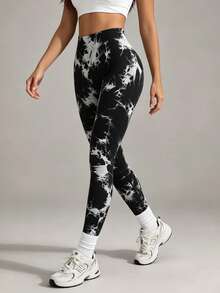 Nuvra Tie-Dye Seamless Highly Elastic Sports Leggings Sport Studio High Waisted  Seamless Slim Leggings For Women - Resilient Soft Touch Breathable 4-Way Stretch Legging For Running Cycling Yoga Pickleball Exercise Casual - Black and White - View 11