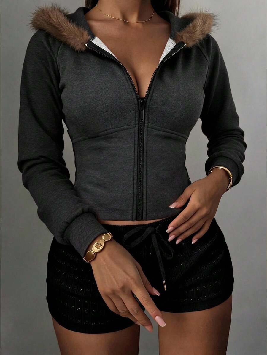 Livesso Women's Solid Color Raglan Long Sleeve Zipper Placket Fur Collar Hooded Jacket - Black - View 1