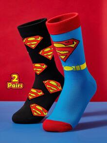 SUPERMAN X SHEIN 2雙女款字母圖案時尚筒襪，適合日常穿著 - 彩色 - 查看 2