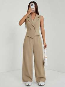 SHEIN PETITE 兩件式秋季女裝套裝 2件/組 素色無袖上衣與長褲 秋季服飾 - 卡其色 - 查看 3