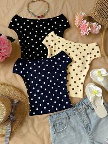 3pcs/Set Girls' Off-Shoulder Fitted Vacation T-Shirts, Multi-Pack With Various Colors And Styles, Bohemian Polka Dot, Suitable For Spring/Summer Daily Wear - Multicolor - View 1