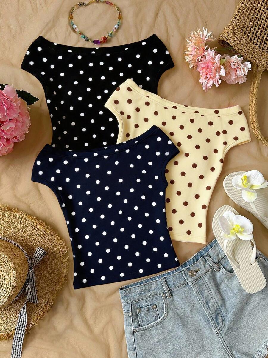 3pcs/Set Girls' Off-Shoulder Fitted Vacation T-Shirts, Multi-Pack With Various Colors And Styles, Bohemian Polka Dot, Suitable For Spring/Summer Daily Wear - Multicolor - View 1