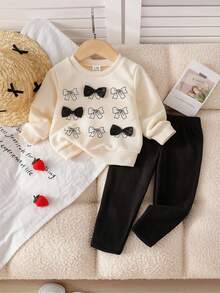 SHEIN Playful Pals 女嬰圓領衛衣套裝，3D蝴蝶結上衣搭配修身長褲，適合外出、居家、校園穿著 - 杏色 - 查看 7