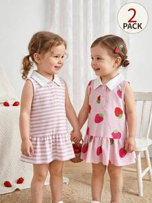 SHEIN Vintaside Kids 两件套女婴翻领无袖连衣裙，荷叶边下摆，粉色条纹领，草莓印花，休闲可爱夏日连衣裙，适合日常穿着或度假 - 彩色 - 查看 6