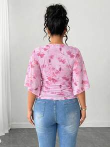 Elenzga Damen-Sommertopp, Große Größen aus Mesh mit Rosenprint, tiefem V-Ausschnitt, asymmetrischen ausgestellten Ärmeln, taillierter Taille, sexy, romantisch, elegant, für Brunch und formelle Anlässe, Hot Pink - Pink - Übersicht 2
