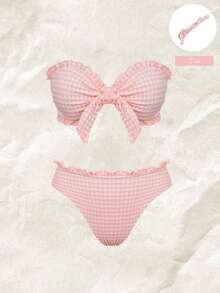 Elavelle Women's Spring/Summer Jacquard Fabric Spaghetti Strap Lace-Up Lace Bikini Set Beach Pink Cute Elegant Modest Tropical - Pink - View 1