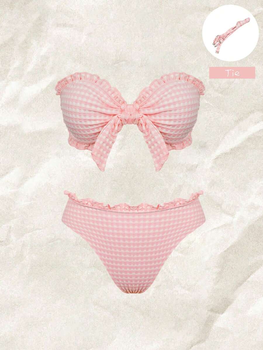 Elavelle Women's Spring/Summer Jacquard Fabric Spaghetti Strap Lace-Up Lace Bikini Set Beach Pink Cute Elegant Modest Tropical - Pink - View 1