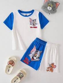 TOM & JERRY X SHEIN 小男孩字母卡通印花拼色短袖上衣與短褲休閒日常睡衣套裝 - 藍白色 - 查看 1