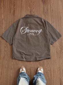 SWAVVY 男士翻領格紋字母印花時尚休閒襯衫 - 卡其色 - 查看 3