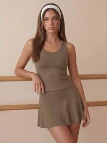 Eassivo Eassivo Women's Solid Color Round Neck Tank Top And Skort Sports Set - Brown - View 1