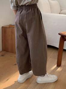 DAZY Tween Boy Solid Color Elastic Waist Pockets Loose Tapered Casual Pants - Brown - View 6