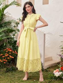 Modelyn 女士立领纯色系带蕾丝拼接优雅夏季连衣裙长款女装晚礼服 - 黃色 - 查看 9