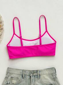 SHEIN Swim 女款簡約細肩帶比基尼上衣 - 玫紅色 - 查看 2