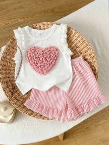 SHEIN Playful Pals 女童針織提花米色荷葉邊背心上衣與粉色荷葉邊短褲套裝，可愛甜美嬰兒夏季套裝 - 粉色 - 查看 3