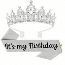 1件/2件組 生日披肩緞帶 It's My Birthday 皇冠頭飾 水鑽生日髮箍 附大頭針 生日披肩與皇冠緞帶 適用生日派對舞會裝飾 新娘皇冠 - 多色 - 查看 27