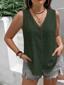 EMERY ROSE 大尺碼女款百搭時尚無袖毛球上衣，修身優雅極簡風襯衫，適合日常穿著 - 軍綠色 - 查看 3