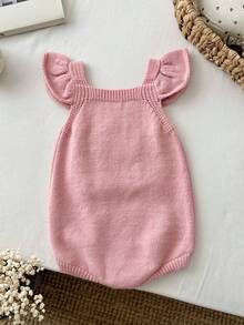 SHEIN Mono suéter casual de otoño para bebé niña con cuello cuadrado, volantes y estampado lindo de conejo - Rosa - Ver 2
