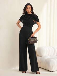 SHEIN Tall 純色立領網布拼接修身優雅短袖連身褲 - 黑色 - 查看 5