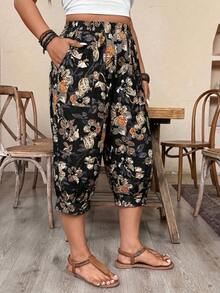 Weeklong Plus SizeCasual Imitation Linen Cropped Pants - Black - View 1