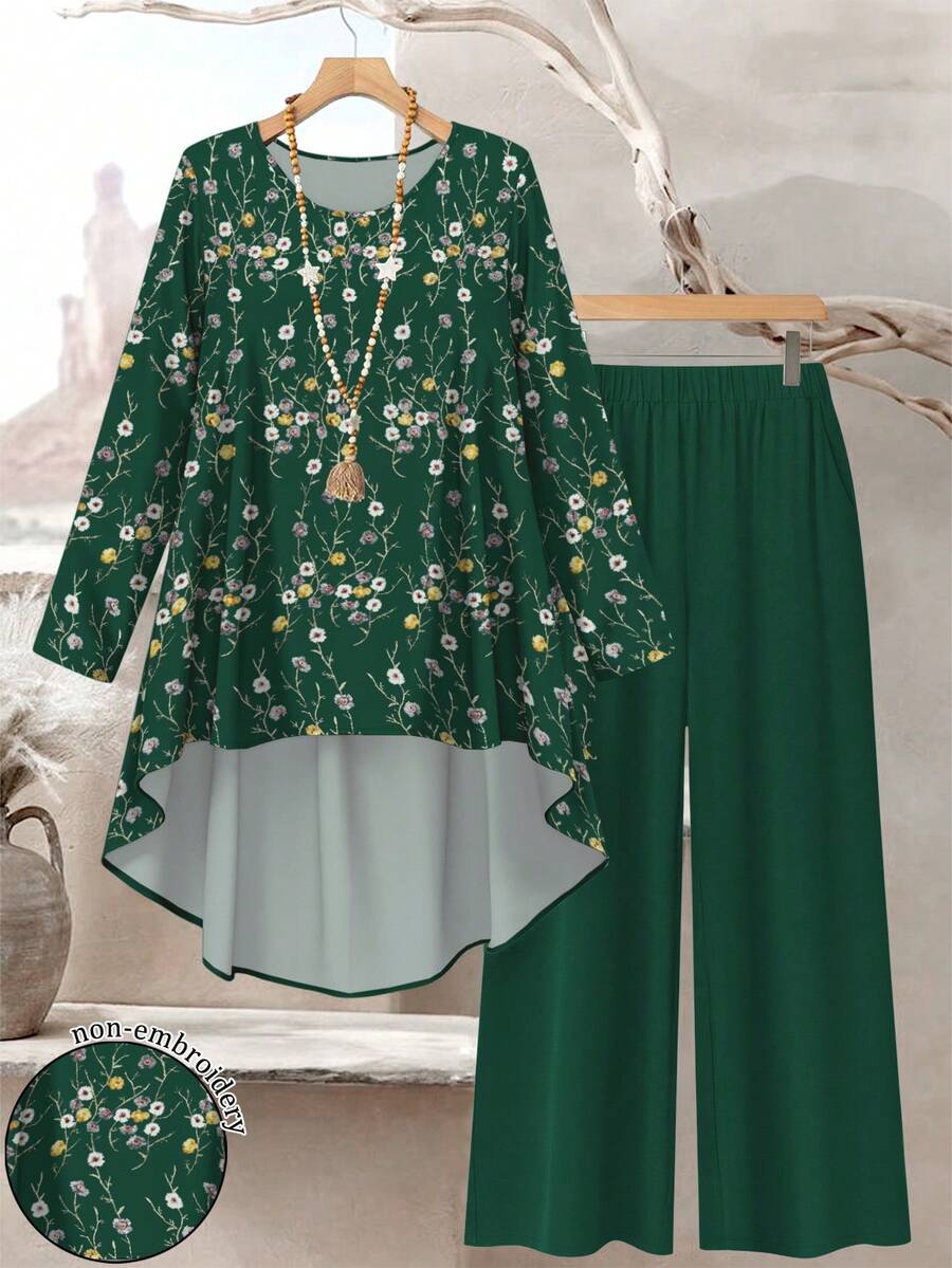 Lacomfia 女款大尺碼綠色碎花休閒兩件套,時尚圓領長袖高低下擺寬鬆上衣與長褲,春夏款 - 彩色 - 查看 1