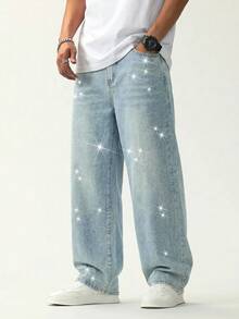 Teen Boy Fashion Shining Sequined Vintage Blue Loose-Fitting Jeans For Rave Outfits Festival - Blue - View 1