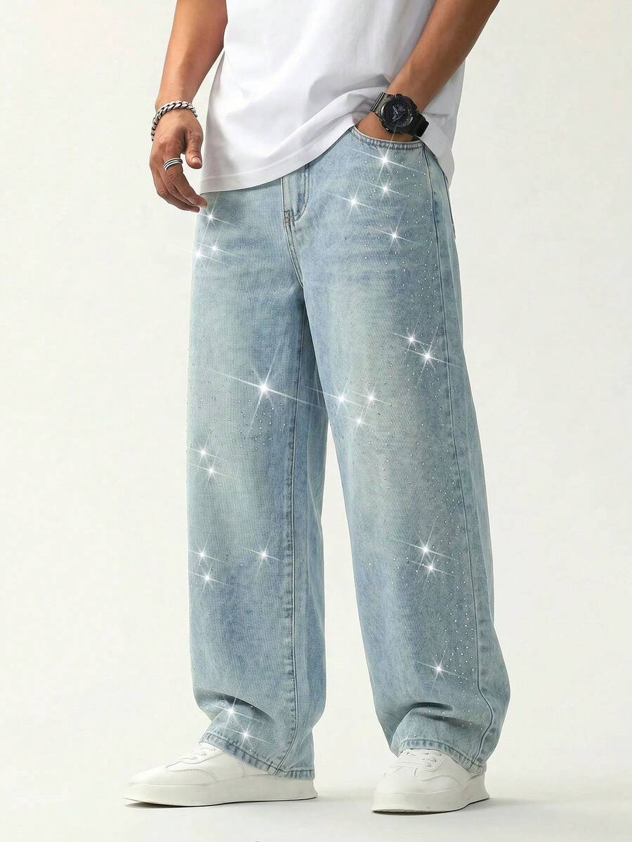 Teen Boy Fashion Shining Sequined Vintage Blue Loose-Fitting Jeans For Rave Outfits Festival - Blue - View 1