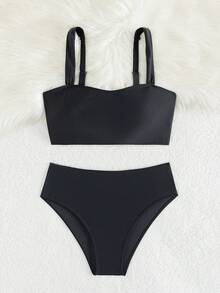 Swim Mod Conjunto de bikini de unicolor y sexy para mujer, para la playa de verano - Negro - Ver 4