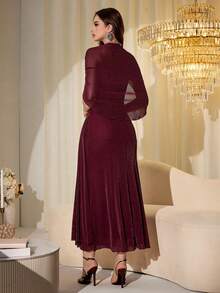 Modelyn Đầm dài ôm dáng không dây vai, tay bồng, chất liệu lưới và sợi bóng, thanh lịch dành cho nữ, thích hợp cho mùa xuân/thu. - Màu Đỏ Sâu - Xem 2
