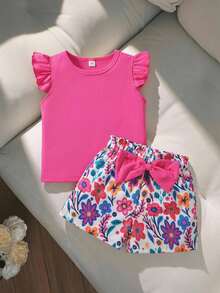 SHEIN Elladie kids 女童2件套，粉色針織圓領荷葉袖上衣搭配碎花蝴蝶結裝飾短褲，4-7歲夏季家庭度假穿搭 - 玫紅色 - 查看 3