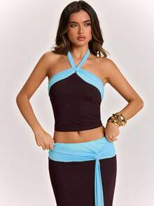 SHEIN BAE Dark Brown Color Block Tie Front Long Skirt, Vacation Style Sexy, Spring/Summer Club Night - Coffee Brown - View 4