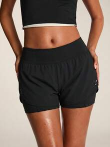 SHEIN BAE Wideband Waist Dolphin Hem Sports Shorts Stretchy Shorts Sweater Shorts - Black - View 6