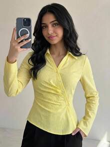 SHEIN Teen Girl Elegant Yellow Summer Striped Shirt,Graduation Back To School Outfit,Woven Lapel Button Front Asymmetric Hem Ruched Loose Casual Blouse - Yellow - View 1