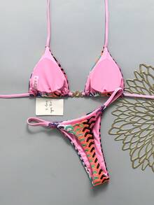 Swim Mod Women's Spring/Summer New Special Fabric Metal Decor V-Neck Halter Backless Triangle Bikini Set 2-Piece Swimsuit - Multicolor - View 2