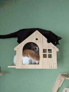 Solid Wood Wall-Mounted Cat Climbing Frame With Integrated Platform, Scratching Board, Cat Tree, Condos, Wall Nest And Scratching Post. Provides A Dedicated Space For Cats To Play, Climb, Sharpen Claws And Rest Comfortably. - apricot - View 2