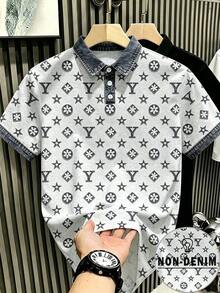 Manfinity Hypemode 美式復古仿牛仔星形字母字母印花 Polo 衫，奢華做舊仿牛仔襯衫，男女款圖案 T 恤，夏季休閒度假短袖上衣 - 彩色 - 查看 3