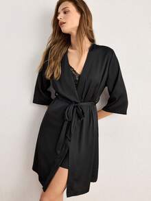 Ocili Women's Solid Color Lace Patchwork Camisole Nightgown & Robe Pajama Set - Black - View 2