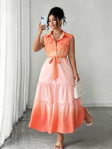 Elenzga Plus Size Women's Elegant Vintage French Style Yellow Gradient Sleeveless A-Line Maxi Dress, Suitable For Summer, Back To School, Vacation, Graduation, Holiday, Valentine's Day, Christmas, Music Festival, Mother's Day, Halloween, Thanksgiving, Easter, National Day, Prom, Birthday, Date Party, Wedding Season, Outing And More - Orange - View 8