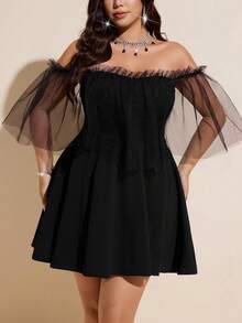 Viva Relle Vestido de línea A con chal de red para mujer de talla grande, sensual y elegante - Negro - Ver 2