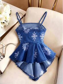 GlowEve Women's Blue And White Asymmetrical Hem Camisole Denim Top Vacation Summer Cute - Blue - View 2