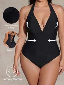 Shapewave Plus Size Women's Elegant Sexy Solid Color One-Piece Beach Vacation Swimsuit Summer - Black - View 7